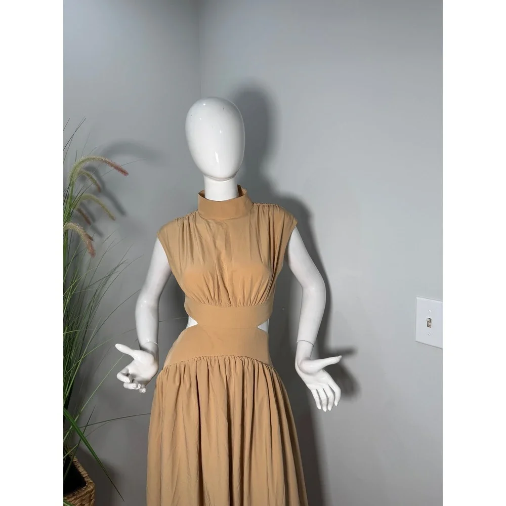 Commense Beige Cutout Maxi Dress High Neck‎  Elegant Flowy size S